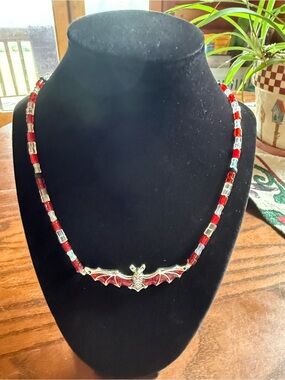 Red Bat Pendant Beaded Necklace